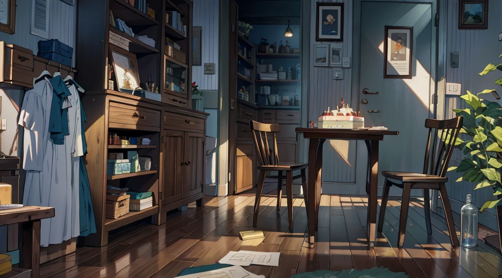 (best quality,masterpiece:1.2,detailed details,4k),A dim old apartment, a small birthday cake on an old wooden table, a modern apartment, an alarm clock on the wall, an anime scene,the wooden floor,