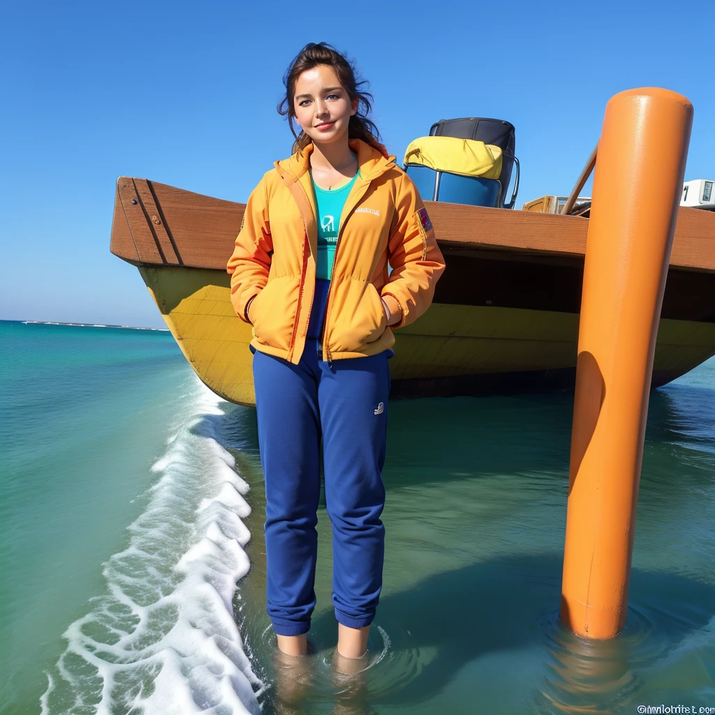 Générer une affiche publicitaire sur le secteur du transport maritime, les couleurs d'affiche publicitaire son vert, in the foreground a woman on a beach dressed in a jacket and feet and pants representing a logistics company, une image réaliste un porte-conteneurs naviguant en mer, sky with dark blue tone