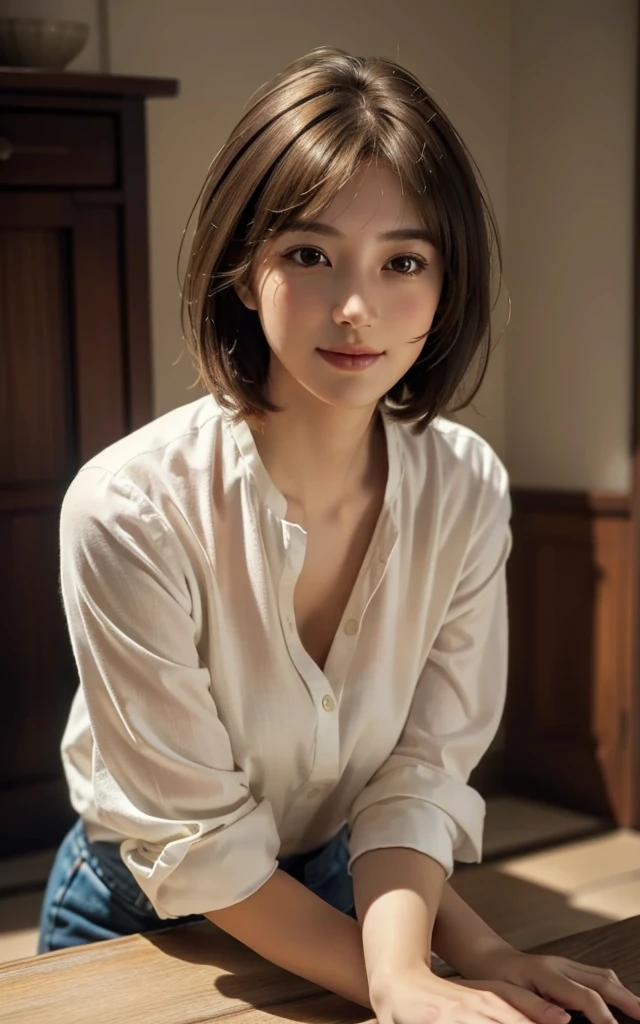 (RAW Photos, Highest quality), (Realistic, Photorealistic:1.3), masterpiece, Very delicate and beautiful, Soft Light, (Brown Hair, short hair, bangs), Beautiful detailed girl, (Detailed fingers), Highly detailed eyes and face, Beautifully detailed nose, Beautiful attention to detail, 1 Girl, Japanese, Pure beauty, cute, young, smile, Dress shirt, skirt, (Half Body:1.3), (Medium chest), Realistic face, Realistic body, indoor, whole body, upright, You can even see the feet