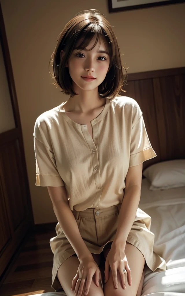 (RAW Photos, Highest quality), (Realistic, Photorealistic:1.3), masterpiece, Very delicate and beautiful, Soft Light, (Brown Hair, short hair, bangs), Beautiful detailed girl, (Detailed fingers), Highly detailed eyes and face, Beautifully detailed nose, Beautiful attention to detail, 1 Girl, Japanese, Pure beauty, cute, young, smile, Dress shirt, skirt, (Half Body:1.3), (Medium chest), Realistic face, Realistic body, indoor, whole body, upright, You can even see the feet