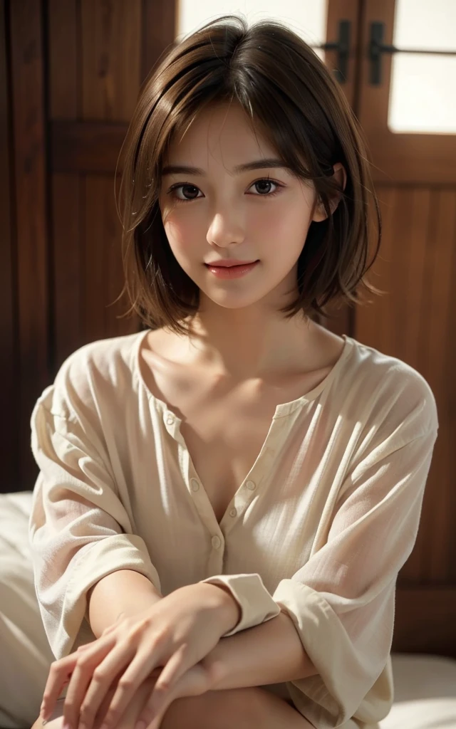 (RAW Photos, Highest quality), (Realistic, Photorealistic:1.3), masterpiece, Very delicate and beautiful, Soft Light, (Brown Hair, short hair, bangs), Beautiful detailed girl, (Detailed fingers), Highly detailed eyes and face, Beautifully detailed nose, Beautiful attention to detail, 1 Girl, Japanese, Pure beauty, cute, young, smile, Dress shirt, skirt, (Half Body:1.3), (Medium chest), Realistic face, Realistic body, indoor, whole body, upright, You can even see the feet