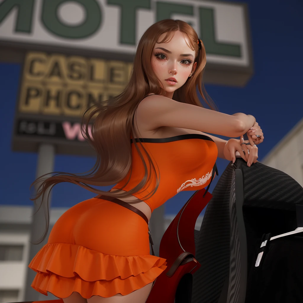 (masterpiece), (best quality), (ultra-detailed), ((masterpiece)) ((best quality)) ((ultra-detailed)) there is a woman in a short dress holding a bag, imvu, second life avatar, secondlife, orange skin, orange skin and long fiery hair, glamor profile pose, glamor pose, she has long orange brown hair, elegant pose, street pic, fluffy orange skin, orange flowing hair, loli, inspired by Dulah Marie Evans, daz