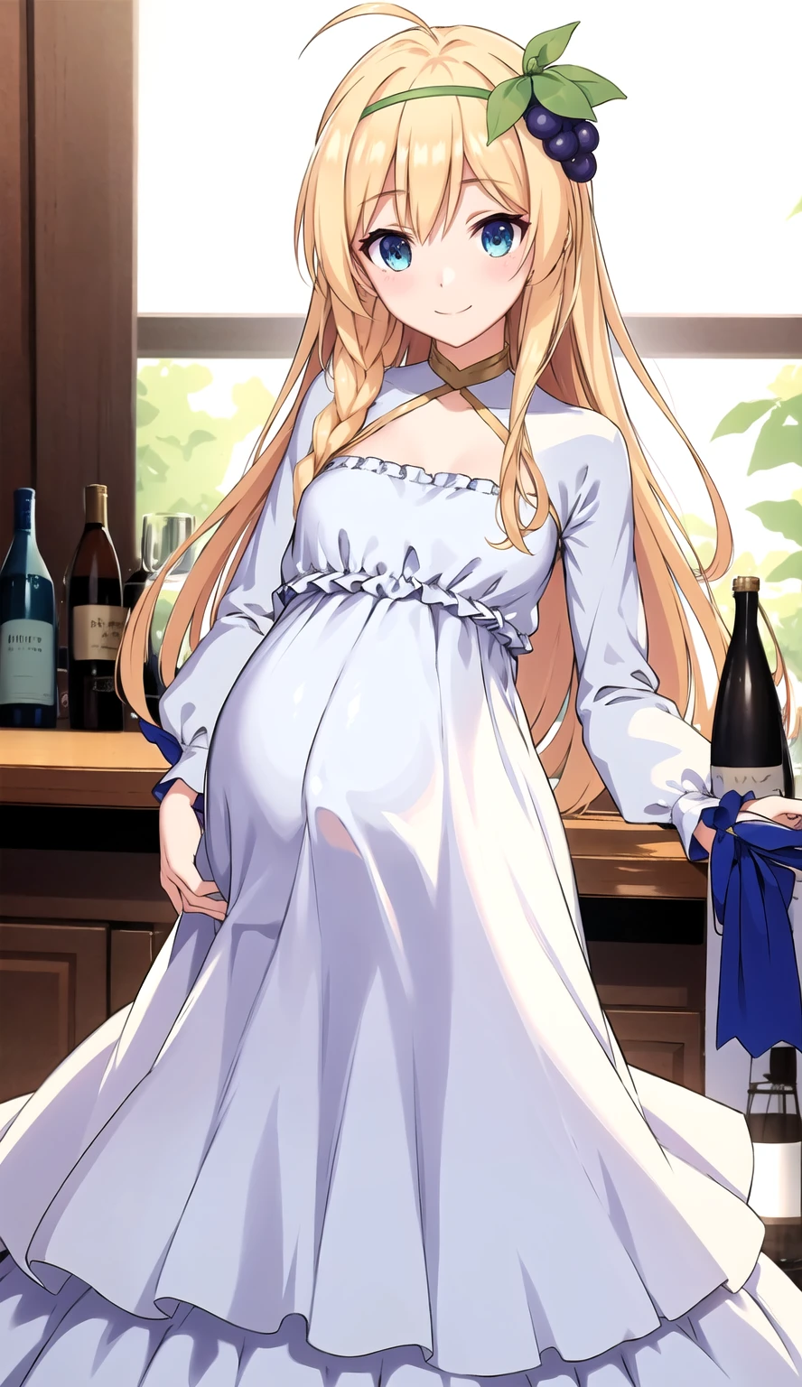 ((masterpiece,best quality)), 1girl, (:1.3), solo, long hair, very long hair, looking at viewer, small breasts, braid, ahoge, hairband, fruit, side braid, iris, hair ornament, grape hair ornament, (white dress, official dress), long dress, white shrug, long sleeves, shrug clothing, strapless, strapless dress, standing, bar, bottles, bar counter, (official dress:1.2), blue ribbon, smile, holding bottle, drinking,(pregnant_belly),(pregnant),nsfw