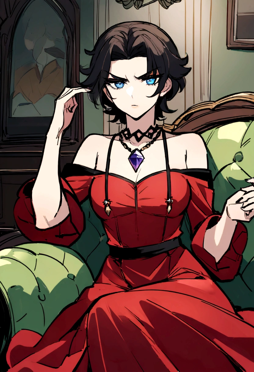 Drawing of a woman in a red dress sitting on a sofa,Holding a diary,Wearing a necklace with a Tuscan-colored gemstone pendant,Exquisite makeup,The temperament of the superior,Cold eyes,An angry look,Beautiful artwork illustration,有新海诚Cyril Rolando、Cyril Rolando和藤田五郎,Cyril Rolando,灵感来自Cyril Rolando,In the style of atey ghailan,Shinkai Makoto style