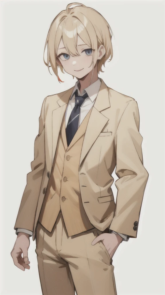 Short, unkempt hair、Short blonde、A bright and kind smile。Wearing a blazer uniform、Summer clotheale、(White background.Full Color.The eyes are clear、Are standing。18 years old、male)