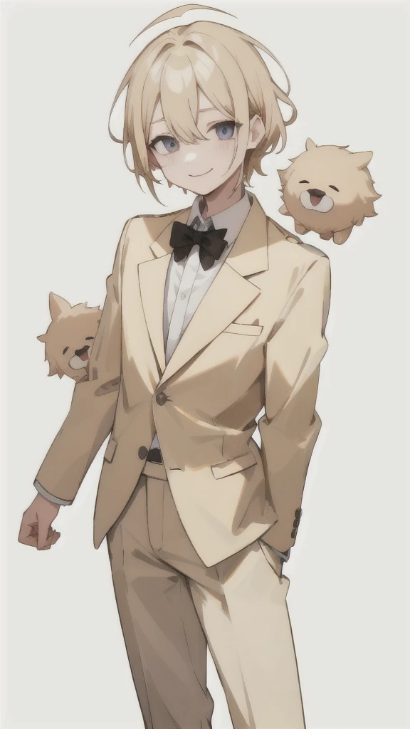 Short, unkempt hair、Short blonde、A bright and kind smile。Wearing a blazer uniform、Summer clotheale、(White background.Full Color.The eyes are clear、Are standing。18 years old、male)