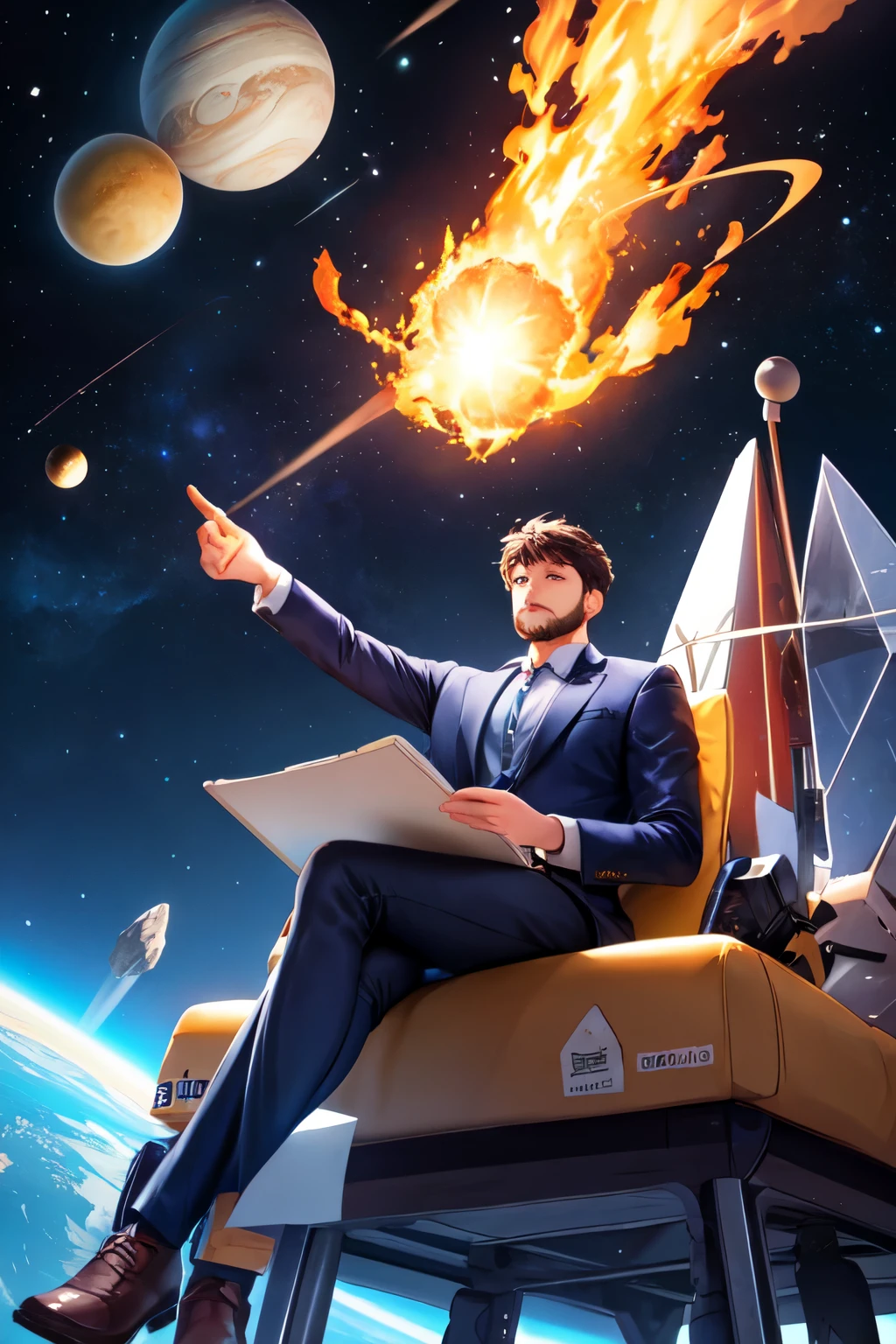 Drawing of a young programmer, Sitting on a research platform floating in the middle of the asteroid belt. He is studying with a notebook., Surrounded by several asteroids emitting fiery rings. Dramatic lights from distant stars and planets illuminate the scene, Casting a deep shadow on the suit. The young man looks confident and determined., Look at the vast and mysterious universe with wonder and awe,beard, Cowboy shooting,