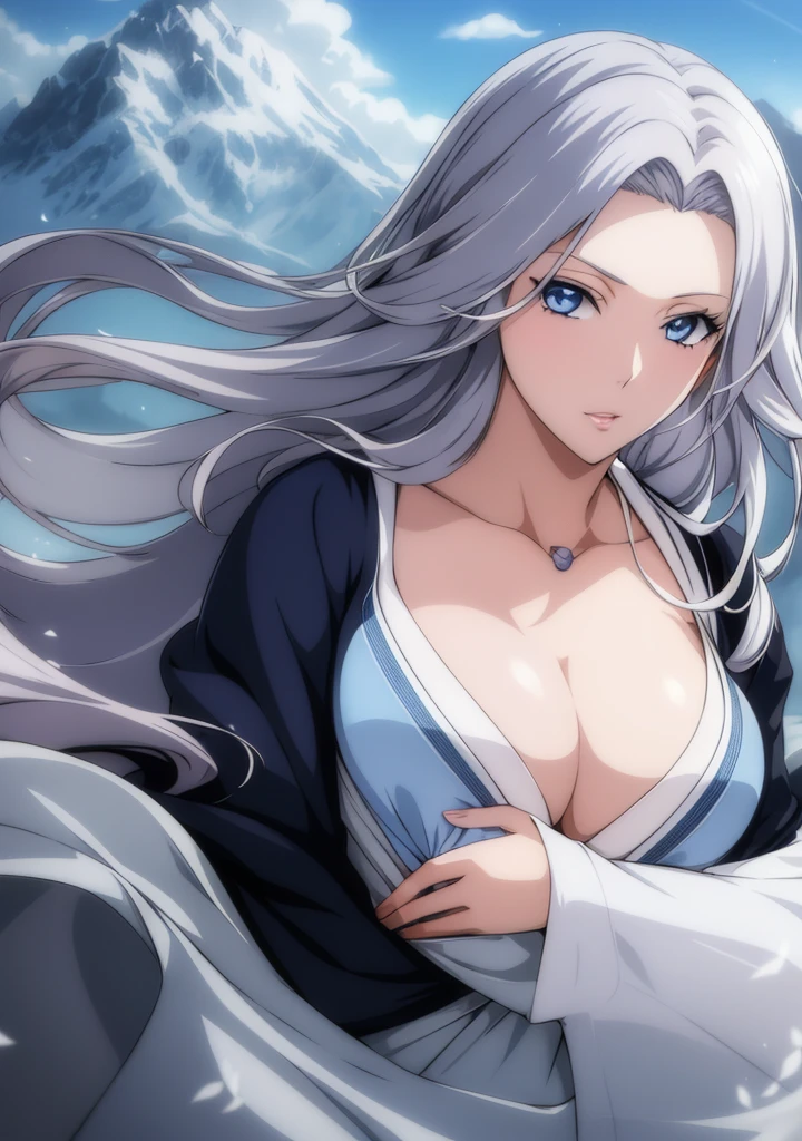 One girl, Silver Hair, blue eyes, kimono, Cleavage, Long Hair, The finer details, detailed, masterpiece, Highest quality, 4K, High resolution, Mountain,