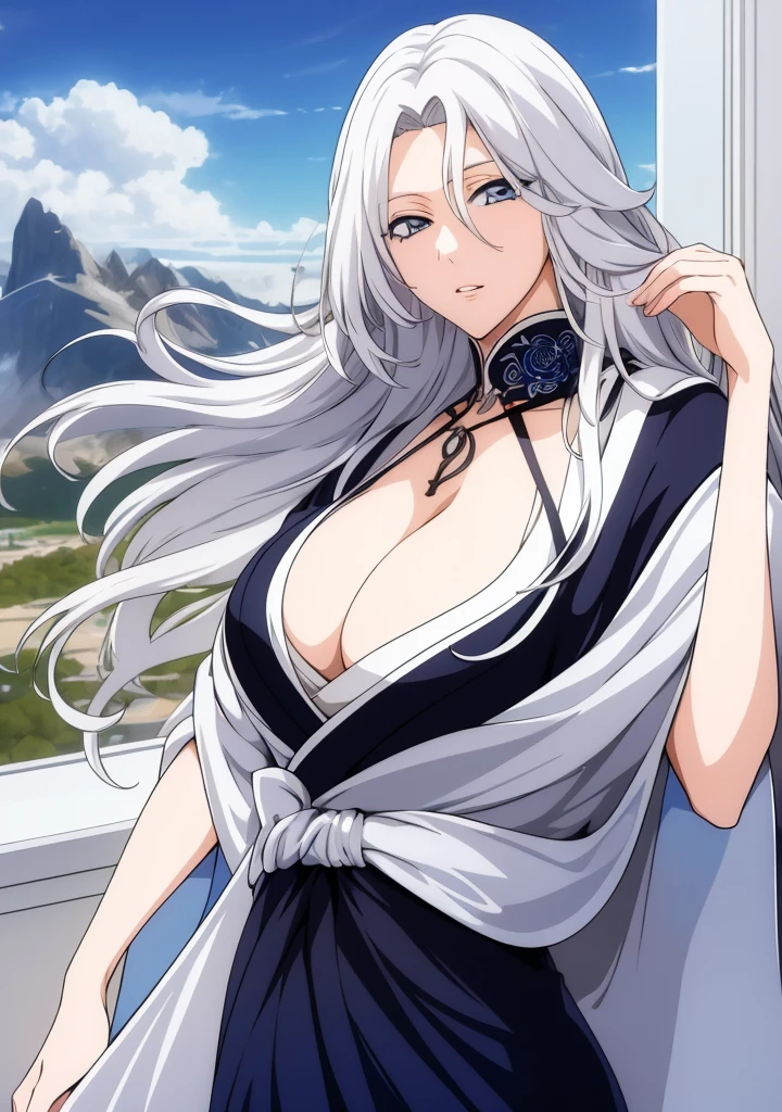One girl, Silver Hair, blue eyes, kimono, Cleavage, Long Hair, The finer details, detailed, masterpiece, Highest quality, 4K, High resolution, Mountain,