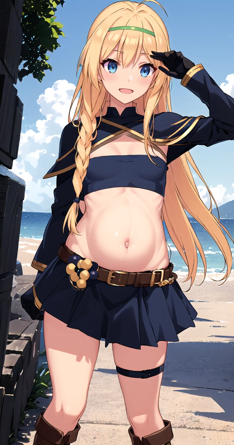 ((masterpiece,best quality)), 1girl, , solo,long hair,breasts,blush,smile,looking at viewer,open mouth,blue eyes,blonde hair,very long hair, skirt,hair ornament,gloves,navel,very long hair,hair between eyes,braid,:d,hairband,boots,sky,blue sky,outdoor, day,midriff,cloud,belt,miniskirt,black gloves,twin braids,blue sky,single braid,blue skirt,capelet,crop top,knee boots,cleavage cutout, (brown footwear), side braid,iris, black legwear, black thighhighs . ahoge,(grape hair ornament),(pregnant_belly),(pregnant),nsfw