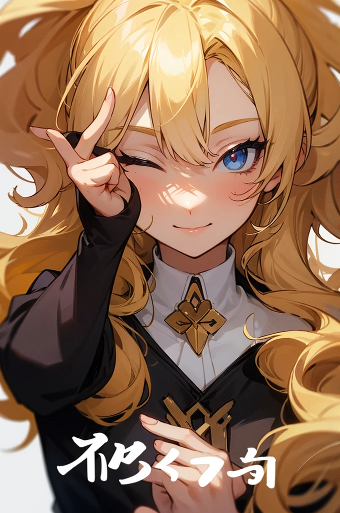 make a blonde curly woman smiling making a V sign with her fingers, like the sign of peace, with fingers close to the eye. the photo must not contain background or text