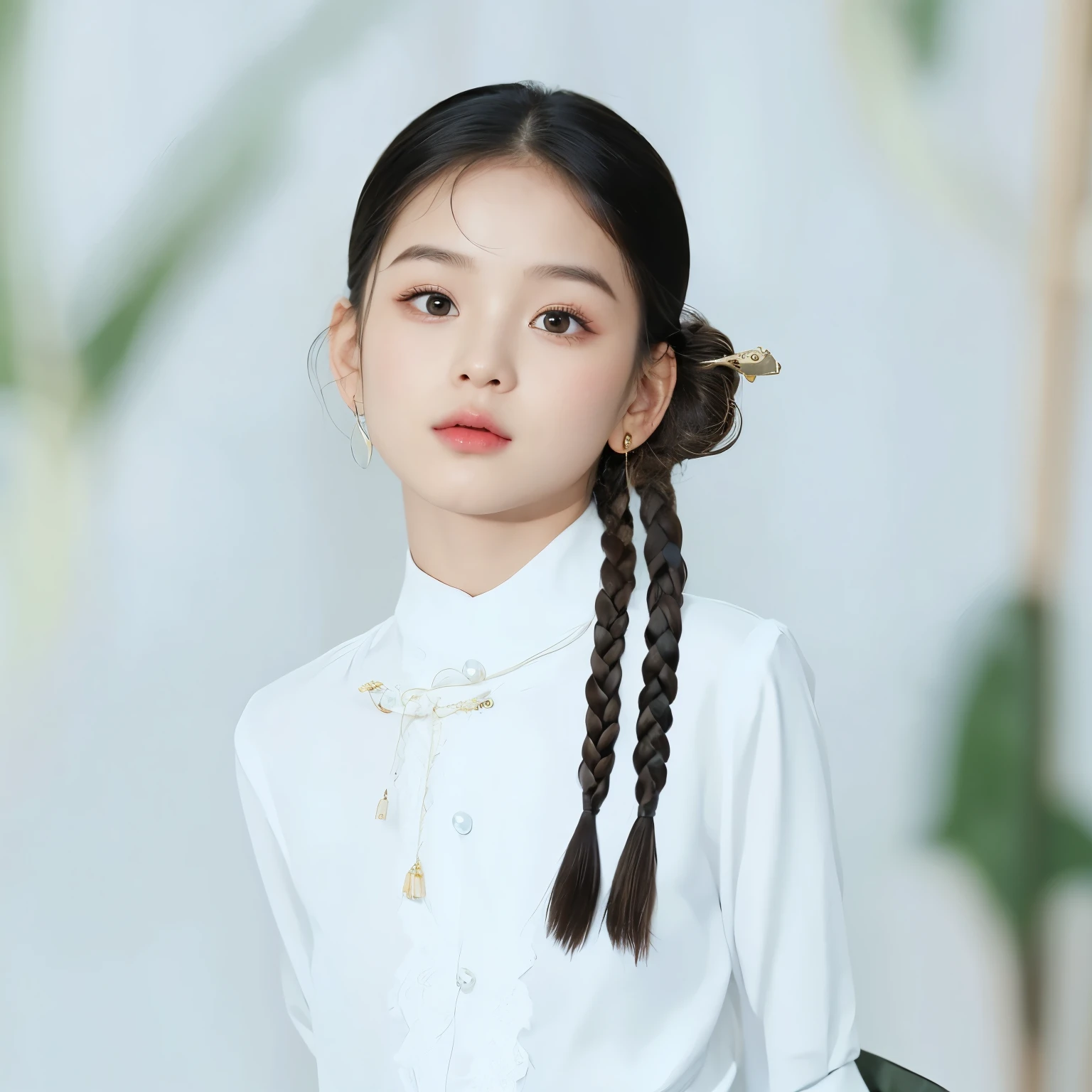 masterpiece, Best quality,Black hair girl，Facing the camera，Two braided pigtails，10 years old，Chinese Girl，Sweet girl，a girl，Exquisite facial features，
