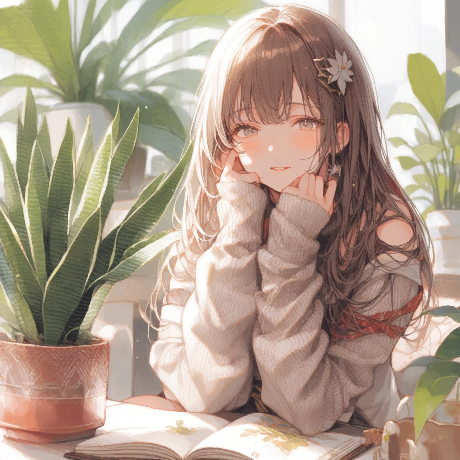 1girl、Dracaena trifasciata (Prain) Mabb.、「perpetual」「immortal」、Snake Plant、tegaki