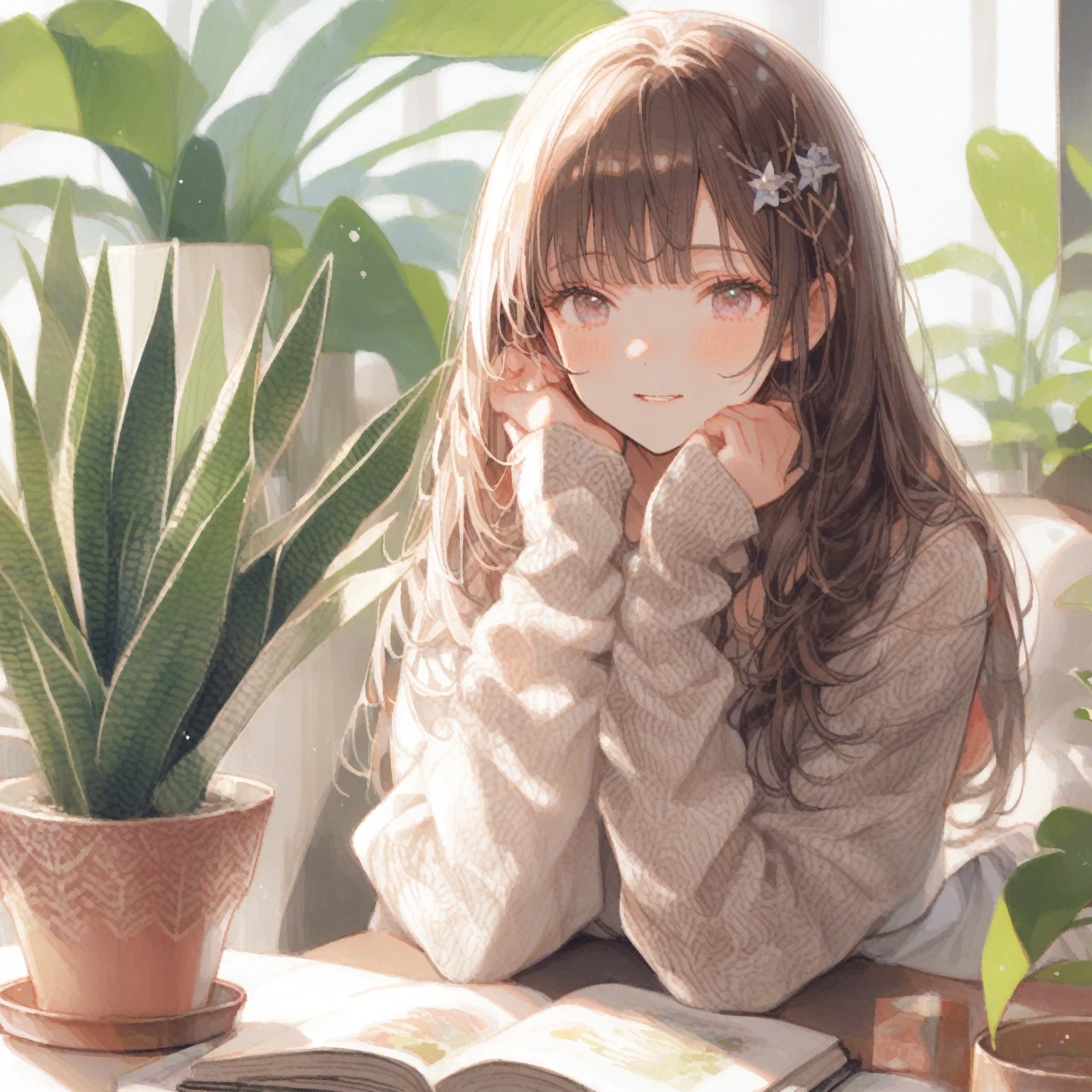 1girl、Dracaena trifasciata (Prain) Mabb.、「perpetual」「immortal」、Snake Plant、tegaki