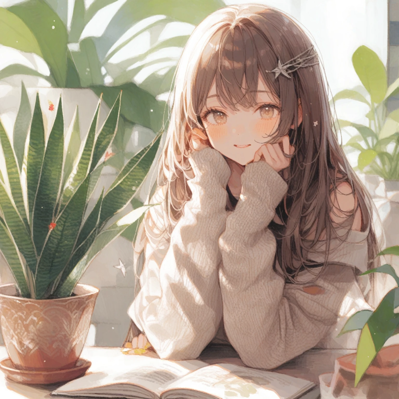 1girl、Dracaena trifasciata (Prain) Mabb.、「perpetual」「immortal」、Snake Plant、tegaki