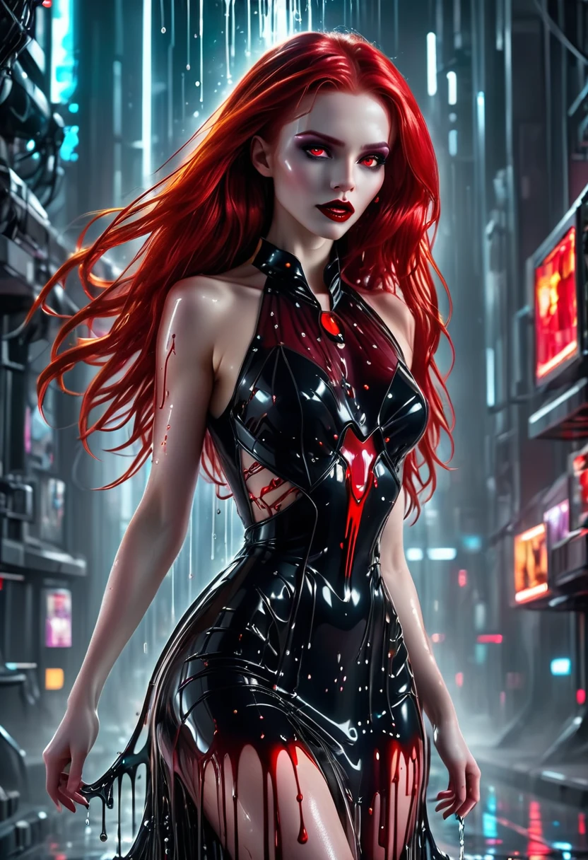 ((a photorealistic glamour shot of an exquisite, glamour mecha female vampire: 1.5)), ((full body: 1.3)), ultra feminine, pale face, red hair, long vibrant shiny hair, glamorous hair,  red eyes, miniatures mechanical , deep penetrating eyes, red lips, lustful lips, ((two visible vampiric fangs: 1.5), drops of blood dripping from the mouth, ((cyberpunk style: 1.5)), she wears (black elegant liquid, glamour dress, with small delicate mechanical parts: 1.4), digital parts,  intricate details, the dress is studded with diamonds, tight suit, dynamic color, high heels, cyberpunk street at night background, (highest quality:1.2, Very detailed, up to date, Vibrant, Ultra-high resolution, High Contrast, masterpiece:1.2, highest quality, Best aesthetics), best details, best quality, highres, ultra wide angle, 16k, [ultra detailed], masterpiece, best quality, (extremely detailed), Genetically modified..., Cinematic Hollywood Film, nijimecha, liquid dress