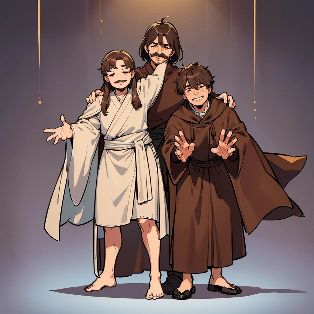 ((((Full body character concept、10 people))))、Highest quality, Best Quality,Best illustrations、middle ages、(((Simple brown robe)))、(40-year-old uncle、Kaiser moustache)、(Close your eyes、Close your eyes、smile)、dance