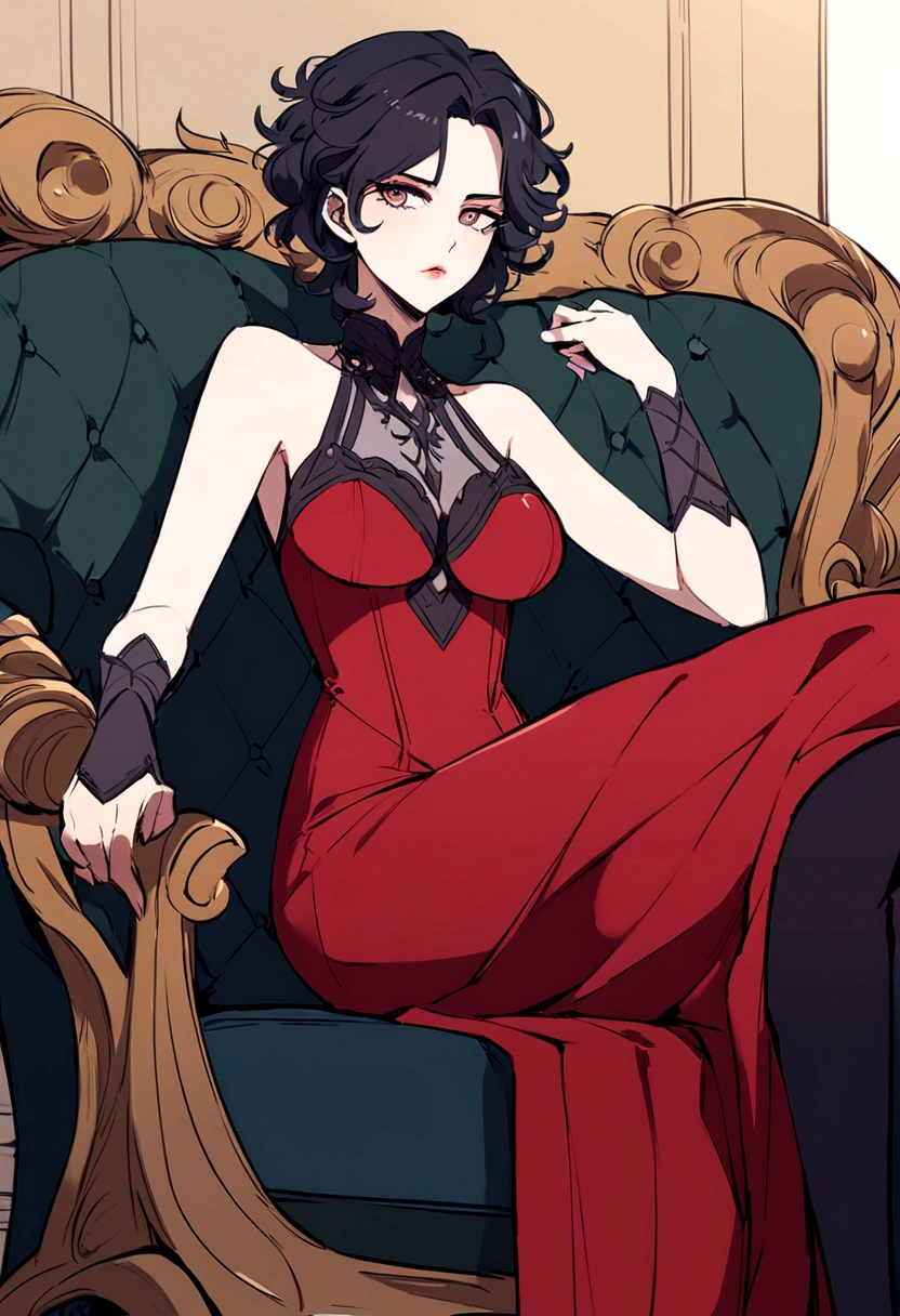(masterpiece, best quality, absurdres), 1girl, solo, solofocus, burgundy hair, short hair, red eyes, medium to large breasts, adult, super closeup, indoors, painted nails, formal clothing, sitting in chair, luxury chair, glass of wine, mansion