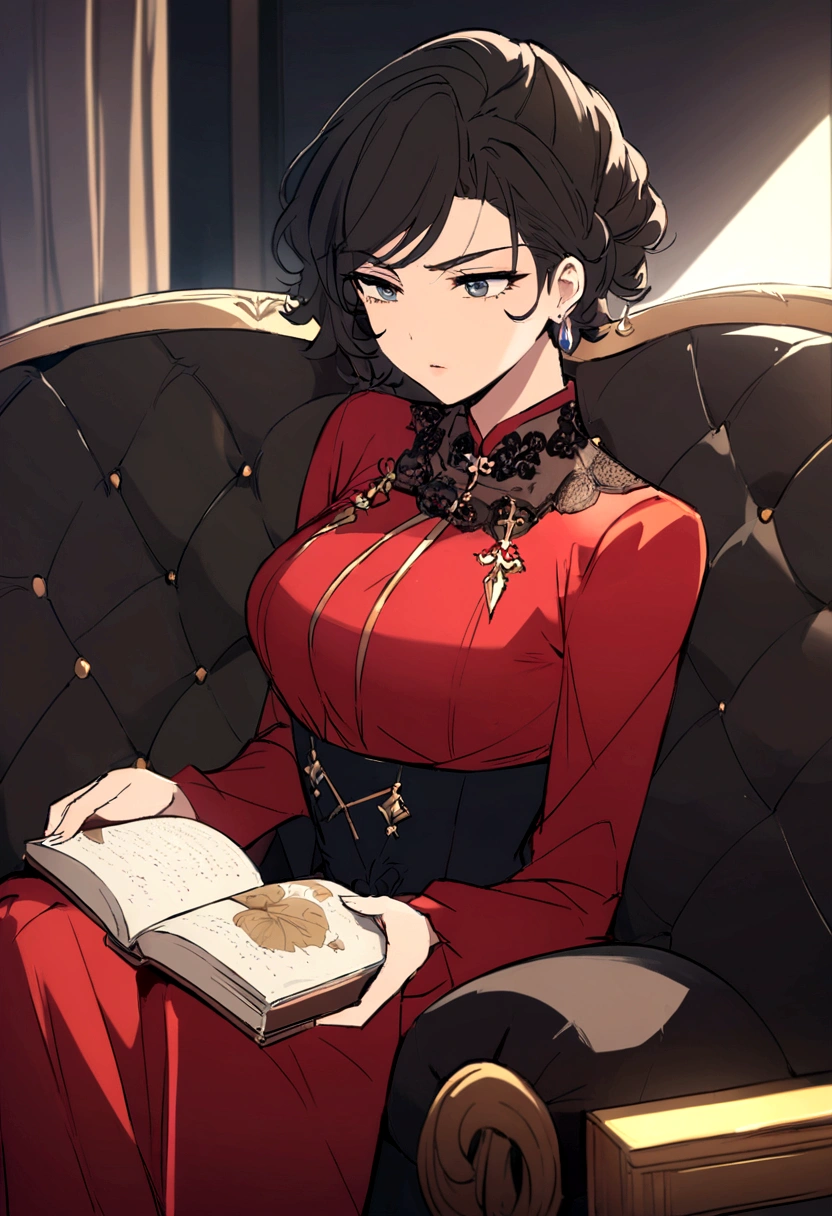 Drawing of a woman in a red dress sitting on a sofa，Miss，Full figure，Holding a diary，Wearing expensive jewelry，30 years old，Exquisite makeup，The temperament of the superior，Cold eyes，An angry look，Beautiful artwork illustration，有新海诚Cyril Rolando、Cyril Rolando和藤田五郎，Cyril Rolando，灵感来自Cyril Rolando，In the style of atey ghailan，Shinkai Makoto style