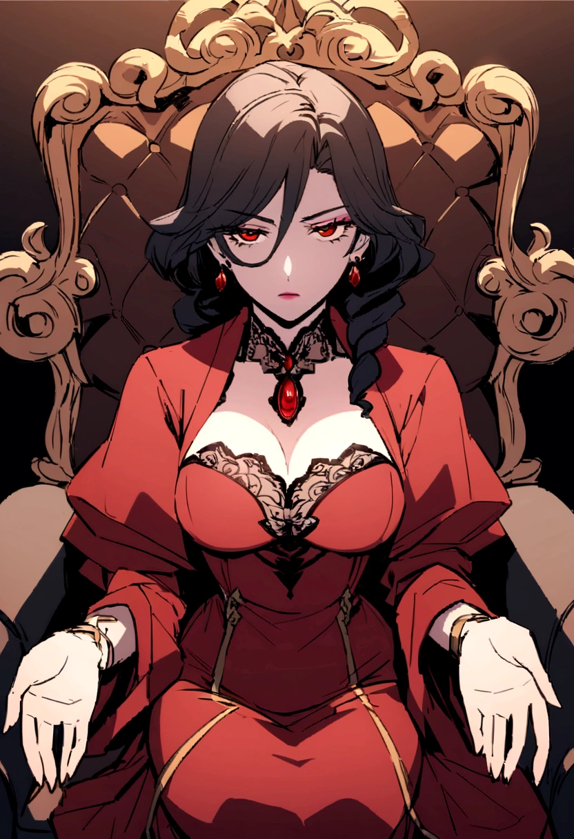 Drawing of a woman in a red dress sitting on a sofa,Miss,Full figure,Holding a diary,Wearing expensive jewelry,30 years old,Exquisite makeup,The temperament of the superior,Cold eyes,An angry look,Beautiful artwork illustration,有新海诚Cyril Rolando、Cyril Rolando和藤田五郎,Cyril Rolando,灵感来自Cyril Rolando,In the style of atey ghailan,Shinkai Makoto style