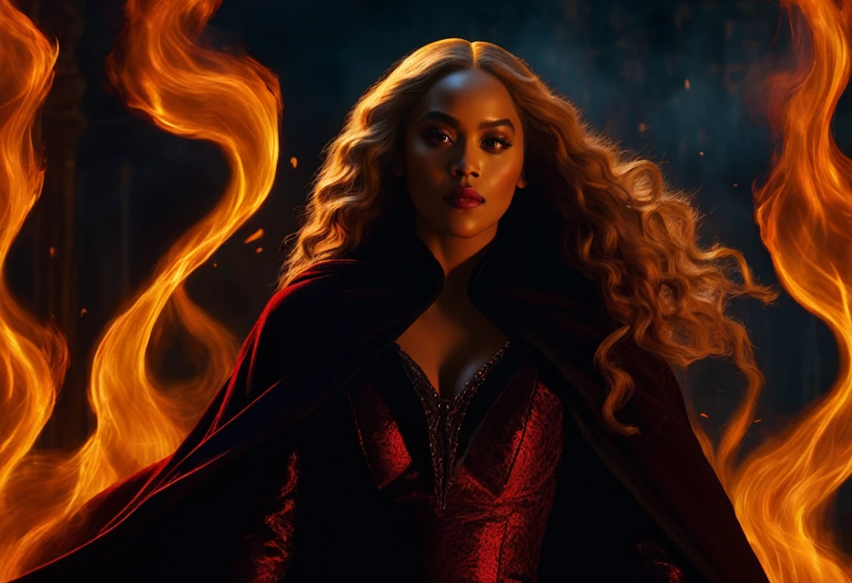 - Scene: Create an image of two people in love in a setting of mystery and passion.
- Woman's Appearance:
- Resembles Beyoncé
- Brown skin
- Long, golden blonde curly hair
- Confident and expression
- Wearing a red dress, elegant and form-fitting
- Lips painted a deep, intense red
- Man's Appearance:
- Resembles Severus Snape
- Pale skin
- Large nose
- Black, straight hair falling around his face in a somber manner
- Serious and intense expression
- Wearing a black cloak, contrasting with the flames around them
- Atmosphere:
- Surrounded by flames, creating a mystical and fiery ambiance
- Soft lighting highlighting their faces, enhancing the sparkle in their eyes
- Flames adding an element of intensity and mystery to the scene
- They are close to each other, gazing intensely into each other's eyes, exuding a strong emotional connection