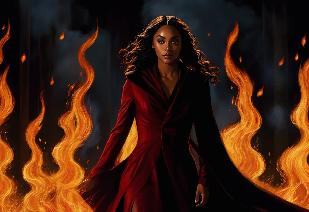 
- Scene: Create an image of two people in love in a setting of mystery and passion.
  
- Woman's Appearance:
  - Resembles Beyoncé
  - Brown skin
  - Long, golden blonde curly hair
  - Confident and seductive expression
  - Wearing a red dress, elegant and form-fitting
  - Lips painted a deep, intense red

- Man's Appearance:
  - Resembles Severus Snape
  - Pale skin
  - Large nose
  - Black, straight hair falling around his face in a somber manner
  - Serious and intense expression
  - Wearing a black cloak, contrasting with the flames around them

- Atmosphere:
  - Surrounded by flames, creating a mystical and fiery ambiance
  - Soft lighting highlighting their faces, enhancing the sparkle in their eyes
  - Flames adding an element of intensity and mystery to the scene
  - They are close to each other, gazing intensely into each other's eyes, exuding a strong emotional connection
