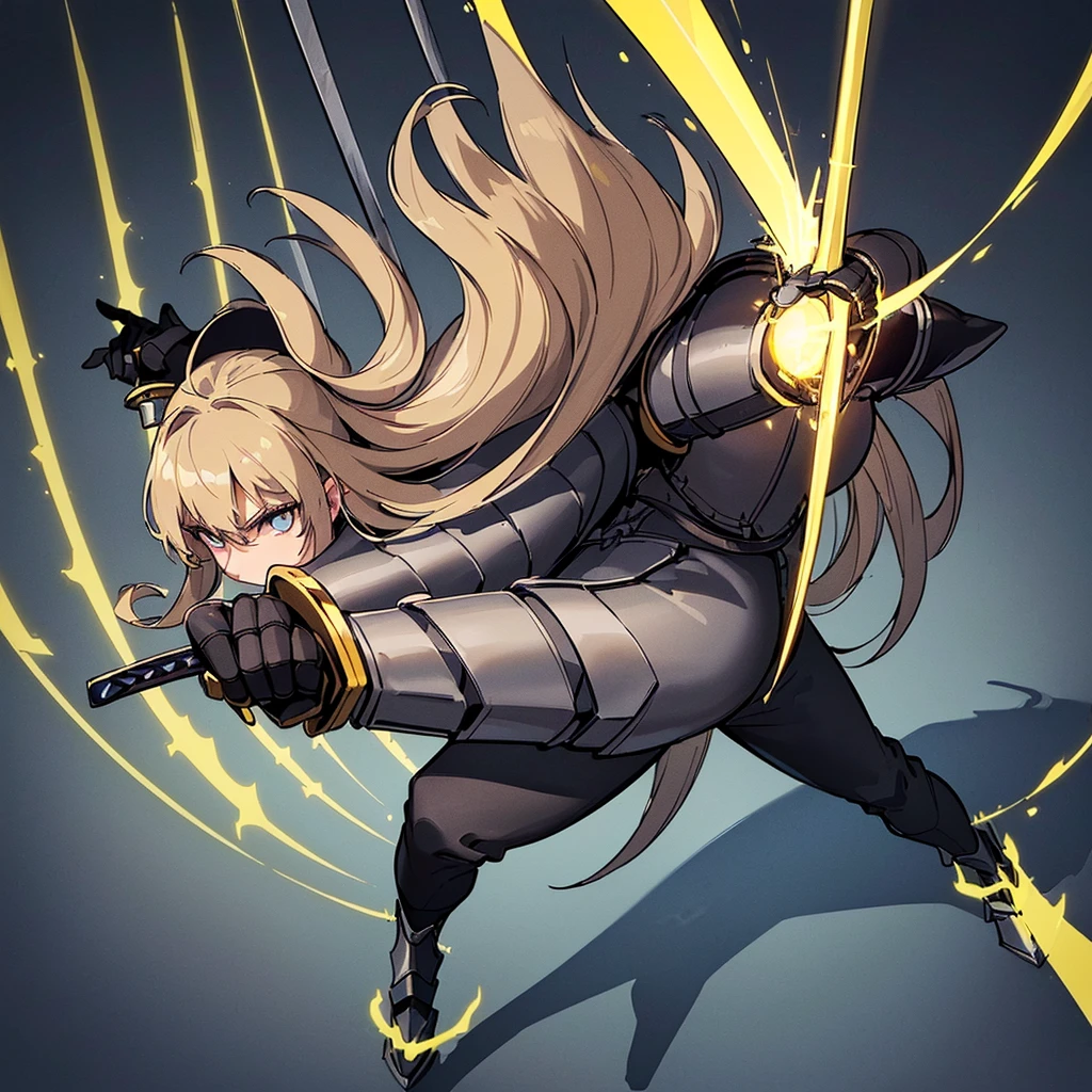 (((Solo)))、Highest quality, Best Quality、8K、Best illustrations、(Full body character concept、detailed)、(((Gray simple armor、Black trousers、Black gloves))、(woman、18-year-old)、(Blonde、Long Hair)、(((Grab the sword)))、(Glowing light background)、(Fighting stance,)、Dramatic Angle、(Blue and yellow aura)、(From above at an angle)