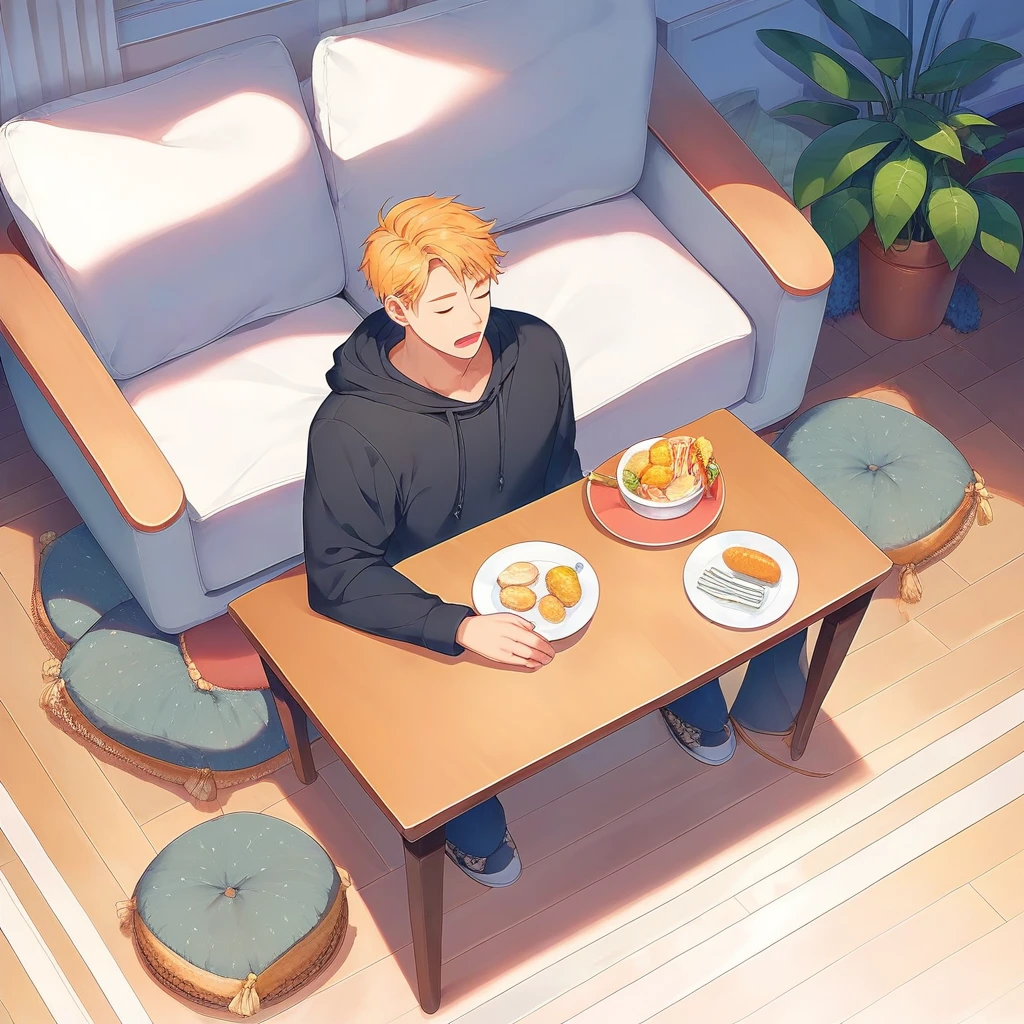 masterpiece , best quality , high angle , living room , table , meal , full body , color , lineart , 1 boy , black hoodie shirt , golden hair , short hair , 20 years old , Handsome man , sit on a chair , sleeping face , close eyes , open mouth ,  white backqround , simple backqround ,