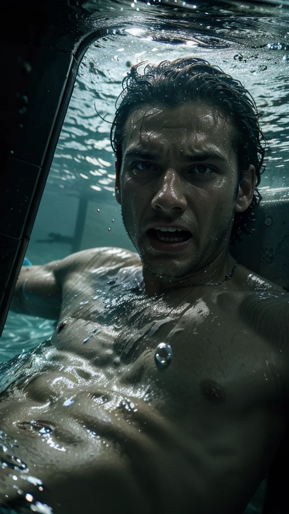 the man is drowning under the water and screaming. The camera shows the man's face under the water