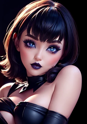  chibi girl, Blue eyes ,big breast makeup gothic red lipstick looking at viewer stunning bare shoulders 