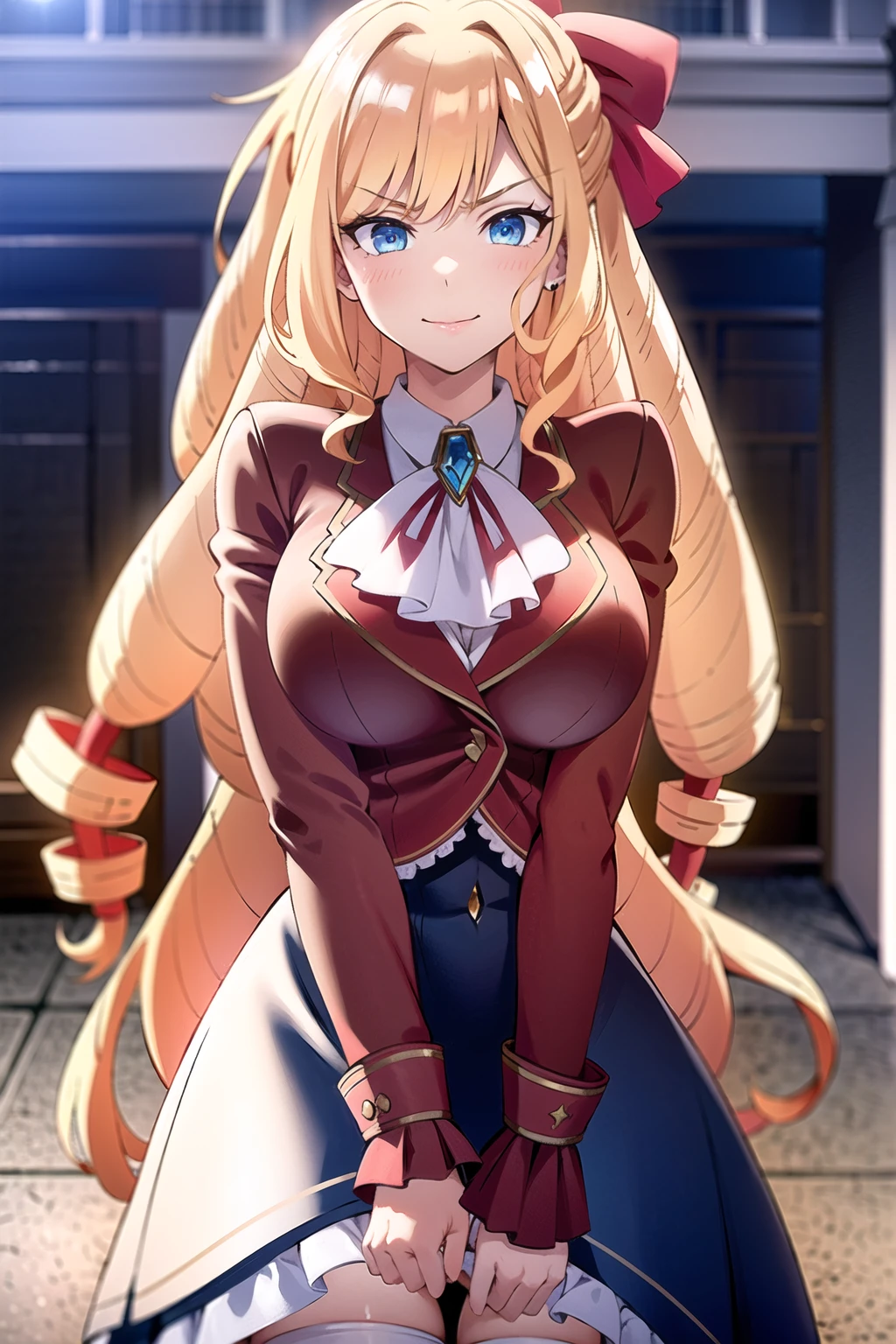 Yuinshiel Asteria, blonde long hair,(Epaulette blue long coat, red shirts, white skirts), blue eyes, white gloves, white thighhigh, (masterpiece:1.4), (high_resolution:1.4), ((realistic, photo-realistic:1.2), (high detailed skin:1.4), (light smile:0.9), (open mouth:0.5), (closed eyes:0.5), (wide hips:1.2), (masterpiece, best quality, ultra-detailed, intricate details_1.2), (absurdres), detailed background, (((breath))), 1girl, solo, (((thin waist))), finely detailed, hyper realistic, (((Ray Tracing))), dramatic, (((bright beautiful detailed eyes))), (((best quality, masterpiece, 8k,4k, Ultra Quality))), light rays, colorful, beautiful, vibrant colors, sharp focus, realism, smile, sleepy, happy, joy, (((extremely absurdres))), indoor, assup, bending down, pantie pull, spread ass, ichinose honami, busty