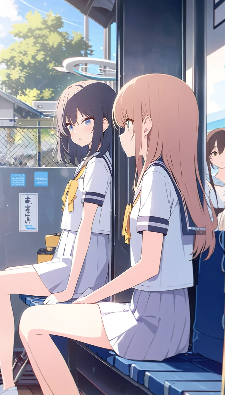 ((Highest quality)), ((masterpiece)), (detailed), Two schoolgirls、Sitting on a bench at an unmanned station waiting for the train、chat、fun、Sailor suit、summer、morning、refreshing、morning焼け、