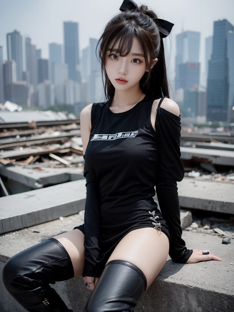 Beautiful woman wearing a dark Wearing swag style clothes mini dress with decorations on the shirt and visible shoulders and wearing boots and being photographed with a background And he was on top of a collapsed building ,Korean style swag, beautiful face so gorgeous, Beautiful eyes, y2k style,