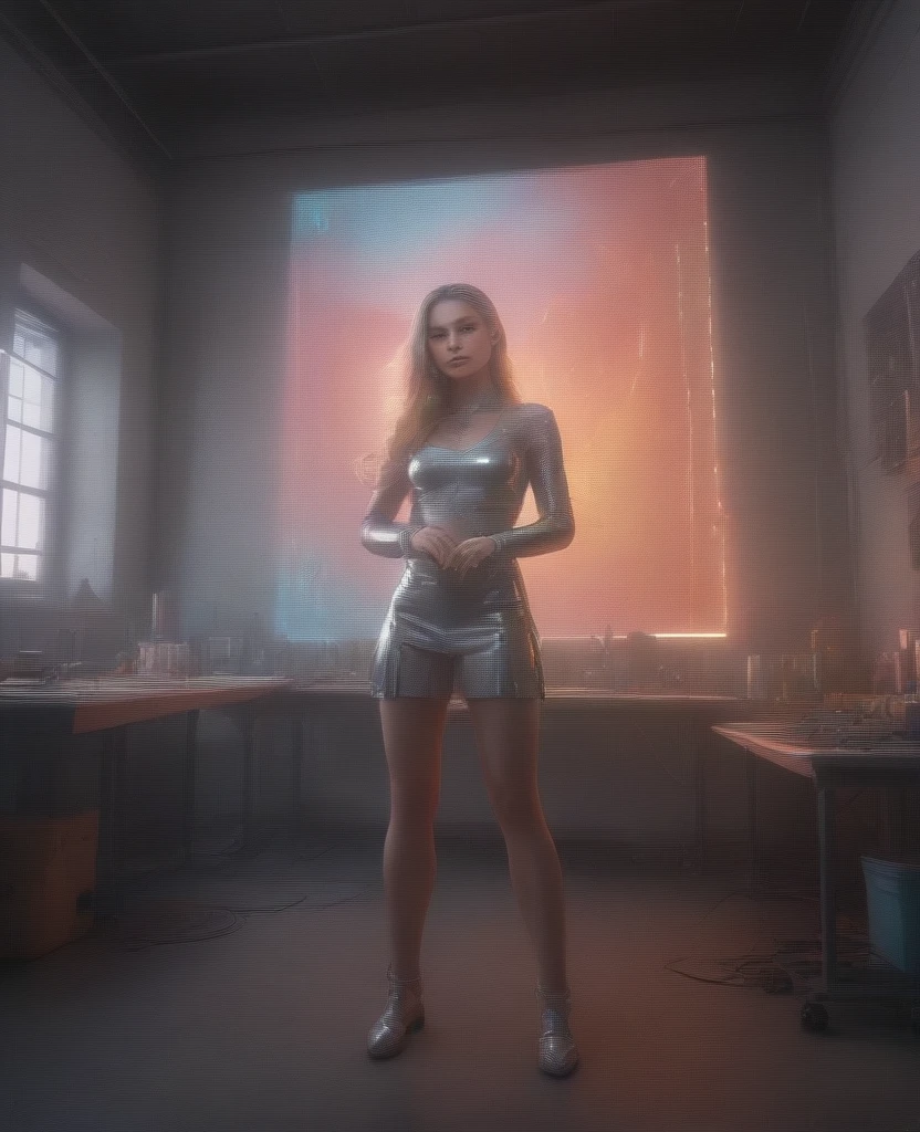 a cyborg girl standing in a large bright studio, engaged in creating a self-portrait on canvas, depicted in majestic beauty and elegance, her metallic skin reflecting light creating a play of hues like an expensive jewelry, long metal hair framing her face, bright eyes shimmering with light, staring ahead with confidence and creative inspiration, graceful pose showing off her grace, strength and fine mechanical limbs, hands holding brushes immersed in the creative process, the outline of the self-portrait with oil paints coming to life under her dexterous fingers, gaining depth and volume with bright hues and rich colors, a gorgeous and amazing scenario combining the beauty of art, power and technological advancement, beautiful shiny smooth, high quality, best quality, absurdres, masterpiece, beautiful, intricate details, 1/2 body crop, slim body, beautiful figure, magnificent anatomy, intricate details:1.12, HDR, intricate details, hyper-detailing:1.15, natural skin textures, hyper realistic, soft light, sharp:1.2