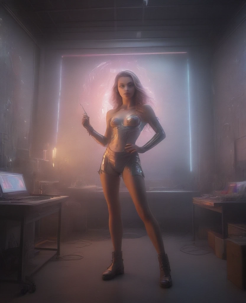 a cyborg girl standing in a large bright studio, engaged in creating a self-portrait on canvas, depicted in majestic beauty and elegance, her metallic skin reflecting light creating a play of hues like an expensive jewelry, long metal hair framing her face, bright eyes shimmering with light, staring ahead with confidence and creative inspiration, graceful pose showing off her grace, strength and fine mechanical limbs, hands holding brushes immersed in the creative process, the outline of the self-portrait with oil paints coming to life under her dexterous fingers, gaining depth and volume with bright hues and rich colors, a gorgeous and amazing scenario combining the beauty of art, power and technological advancement, beautiful shiny smooth, high quality, best quality, absurdres, masterpiece, beautiful, intricate details, 1/2 body crop, slim body, beautiful figure, magnificent anatomy, intricate details:1.12, HDR, intricate details, hyper-detailing:1.15, natural skin textures, hyper realistic, soft light, sharp:1.2