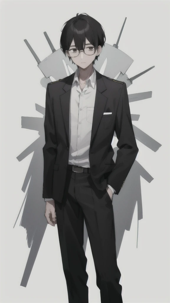 Tall、Black Hair、Short, trimmed hair。He wears glasses.、Always has a calm expression。Wearing a blazer uniform、male、(White background.Full Color.The eyes are clear、Are standing。18 years old、