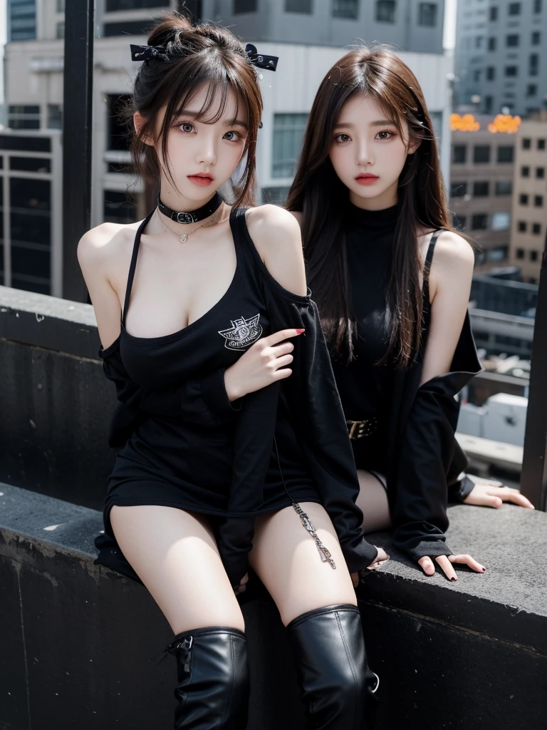 Beautiful woman wearing a dark Wearing swag style clothes mini dress with decorations on the shirt and visible shoulders and wearing boots and being photographed with a background And he was on top of a collapsed building ,Korean style swag, beautiful face so gorgeous, Beautiful eyes, y2k style, 