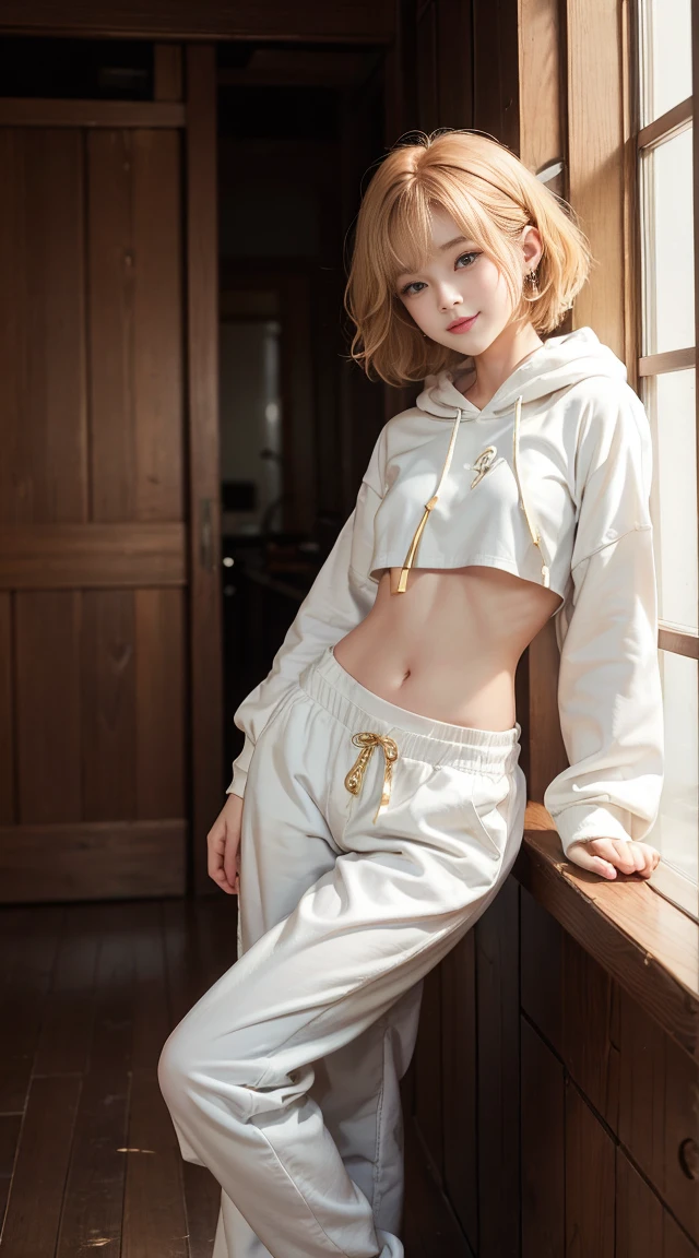 flying debris、Highest quality、An illustration、Highest quality、Understood、High resolution、8k wallpaper、Perfect dynamic composition、(((Ezvian Everywhere)))、((From below))、Beautiful and cute 20 year old girl、Beautiful face in every detail、Delicate and cute eyes、Fine skin、Red cheeks.、shy、(Semi-short hair:1.3)、(wavy blonde hair)、Small breasts、Bold sexy pose、smile、Small breasts、Between the legs、Small Ass、Thin ass、Generated on the eaves.、Narrow shoulders、wavy blonde hair、blonde、Heart-shaped earrings、smile、、Gold Bracelets、Tie your hair back、White hoodie、Deeply hooded、Loose fitting white harem pants、Baggy pants、Combat Boots、Army Boots、Standing posture showing the whole body、
