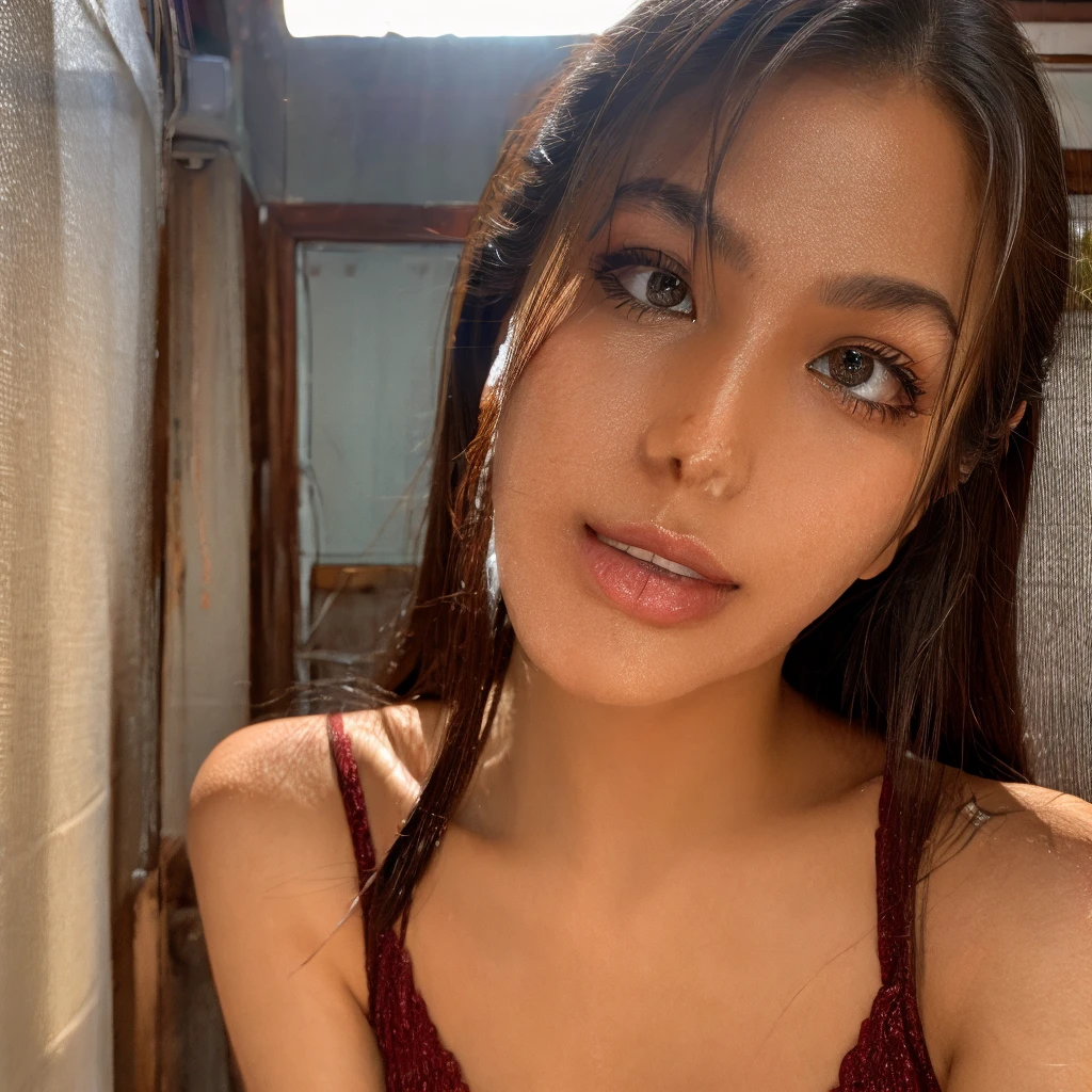 8K, Highest quality, masterpiece, Ultra-high resolution, (realism: 1.4), Original photo, (Realistic skin texture: 1.3), (Film Grain: 1.3), (Selfie angle), 1 Girl, Beautiful eyes and facial details, masterpiece, Highest quality, close, Upper Body, Looking at the audience