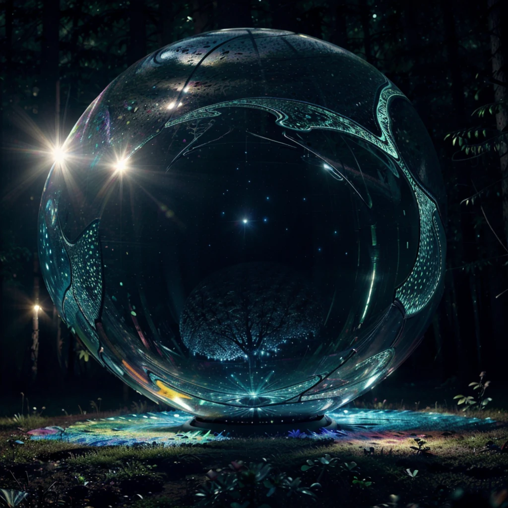 Psychedelic visionary world with more detailed 3D luminous fluid shapes hovering in the air from a large multicolored luminous sphere in the black night sky, dense forest environment, with a clearing in which an indigenous totem stands up and receives the rays coming from the sphere.