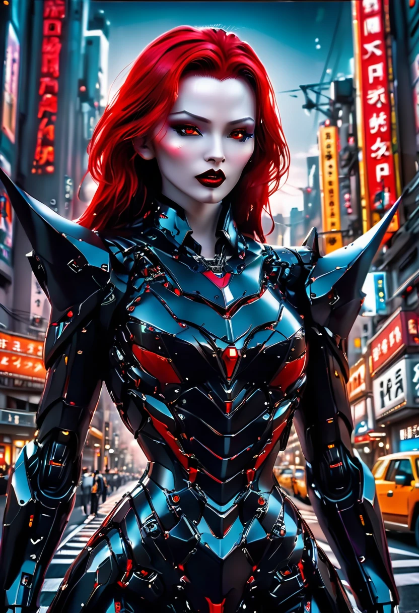 ((a photorealistic glamour shot of an exquisite, glamour mecha female vampire: 1.5)), ((full body: 1.3)), ultra feminine, pale face, red hair, long vibrant shiny hair, glamorous hair,  red eyes, miniatures mechanical , deep penetrating eyes, red lips, lustful lips, ((two visible vampiric fangs: 1.5), drops of blood dripping from the mouth, ((cyberpunk style: 1.5)), she wears (black elegant glamour dress, with small delicate mechanical parts: 1.4), digital parts,  intricate details, the dress is studded with diamonds, tight suit, dynamic color, high heels, cyberpunk street at night background, (highest quality:1.2, Very detailed, up to date, Vibrant, Ultra-high resolution, High Contrast, masterpiece:1.2, highest quality, Best aesthetics), best details, best quality, highres, ultra wide angle, 16k, [ultra detailed], masterpiece, best quality, (extremely detailed), Genetically modified..., Cinematic Hollywood Film, nijimecha