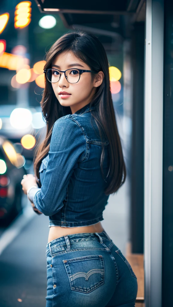 a cute young asian girl, glasses, beautiful detailed eyes, beautiful detailed lips, extremely detailed face, long eyelashes, tight blue jeans, tight crop top, mid sized butt, high heels, looking at camera, detailed background, cinematic lighting, warm colors, photorealistic, (best quality,4k,8k,highres,masterpiece:1.2),ultra-detailed,(realistic,photorealistic,photo-realistic:1.37),digital art, wets self