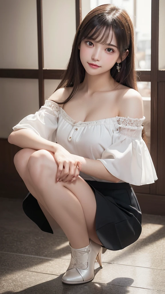 An innocent 16-year-old girl、((Random color off-shoulder blouse,skirt,Dramatic Pose)),Cute face,Bright Eyes,Tear bags,A shy smile,Shortcuts,Cafe Background,RAW Photos, (8K、Highest quality、masterpiece:1.2)、(Intricate details:1.4)、(Realistic:1.4)、Octane Rendering、Intricate 3D rendering Super detaileded, Studio Soft Light, Rim Light, Sharp details, Super detailed, Realistic skin texture, detailed aspects, Beautiful details in the eyes, Highly detailed CG Unity 16k wallpaper, Compensate, (Detailed Background:1.2), Shiny skin, whole body、Drawing from head to toe、Cleavage,((Squat with your knees bent,M-shaped feet))
