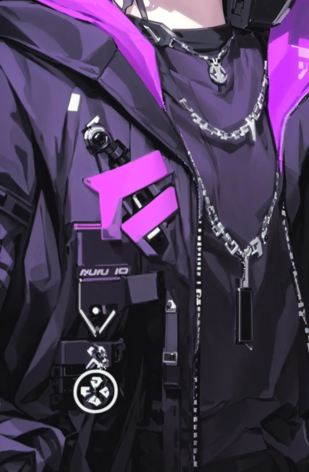 Anime style image of a man wearing a purple jacket and black top, Neon Punk, Cyberpunk atmosphere, Digital art from danganronpa, Cyberpunk Streetwear, Trigger anime art style, cyber noir, Detailed key animation art, Cyberpunk wear, Cyberpunk buddy, Fine details. Girls Frontline, Cyberpunk atmospheres, High Detail, Very detailed and beautiful fan art, Black neon lights