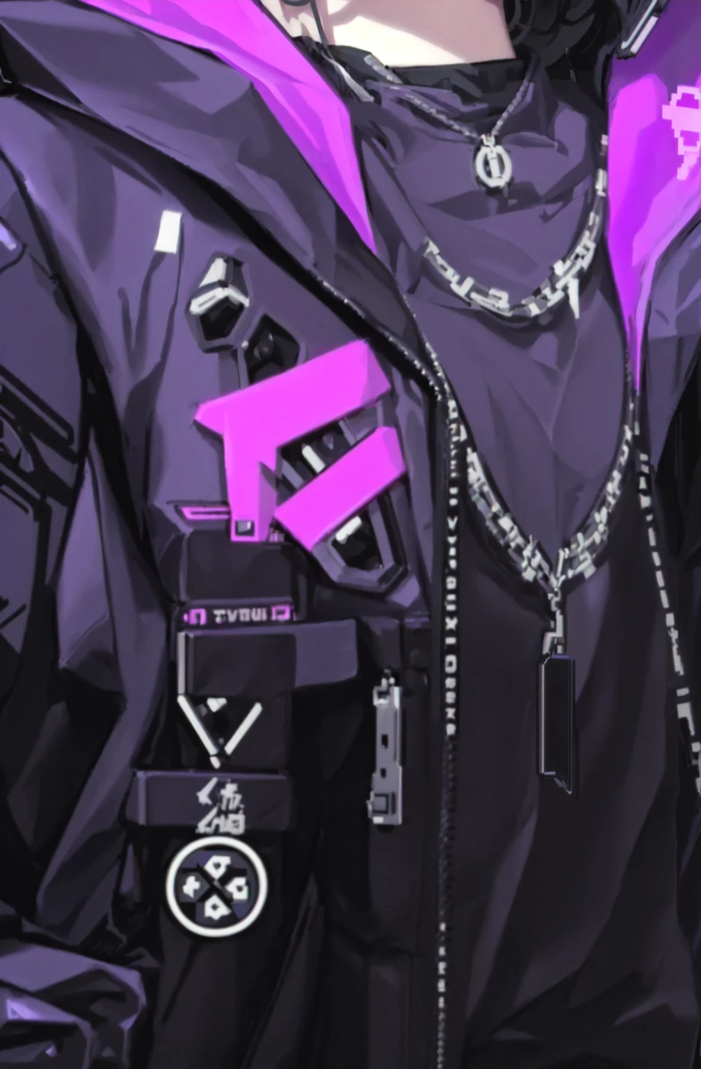 Anime style image of a man wearing a purple jacket and black top, Neon Punk, Cyberpunk atmosphere, Digital art from danganronpa, Cyberpunk Streetwear, Trigger anime art style, cyber , Detailed key animation art, Cyberpunk wear, Cyberpunk buddy, Fine details. Girls Frontline, Cyberpunk atmospheres, High Detail, Very detailed and beautiful fan art, Black neon lights