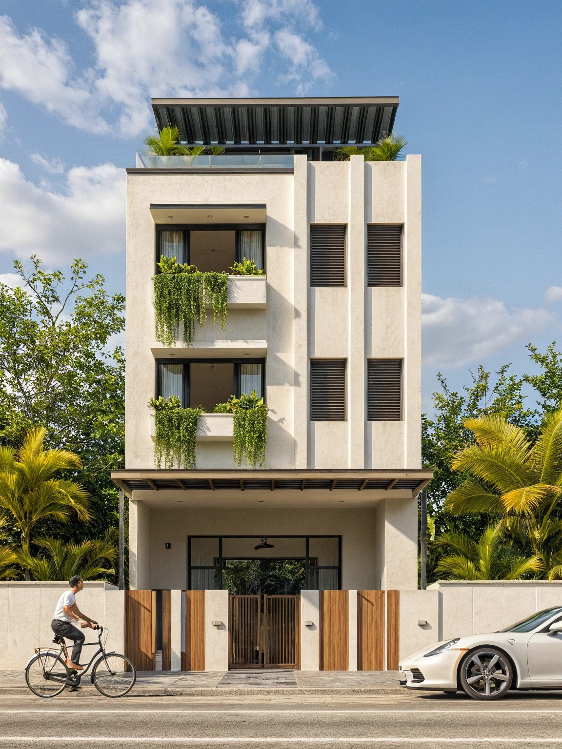 head of'artwork, High quality, best quality, authentique, great detail, En plein air, villa de plain-piedXL, credit group, style de maison moderne dans la rue ,stairs, white wall ,road,pavement, grass, trees, sky, nuvens, (day light:1.1)