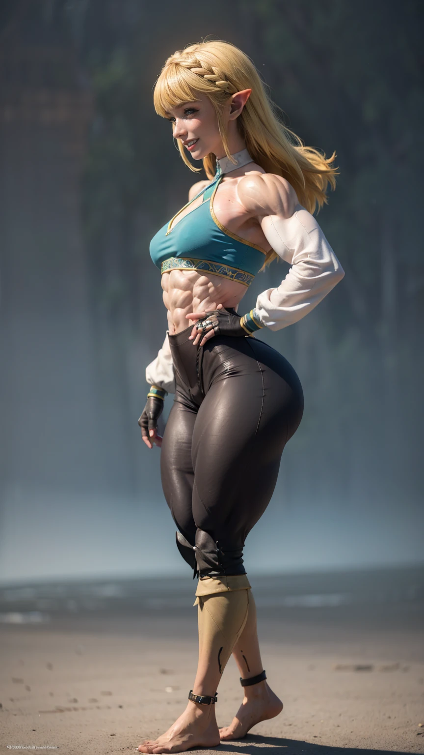 (Muscular:2.1), (thick thighs:2), 
princess_zelda_aiwaifu, (pointy ears), braid, hair ornament, hairclip, fingerless gloves, blue shirt, (halter top), long sleeves, crown braid, (blunt bangs:1.5), green eyes, sidelocks, thick eyebrows, (black pants, tight pants:1.4), (big smile:1.3), (long blonde hair:1.3), 
(hard nipples),
eyeshadow, lipstick, (midriff, abs), 
looking at viewer, (full body view, side view:1.4),
rim lighting, detailed skin, detailed eyes, grassy field