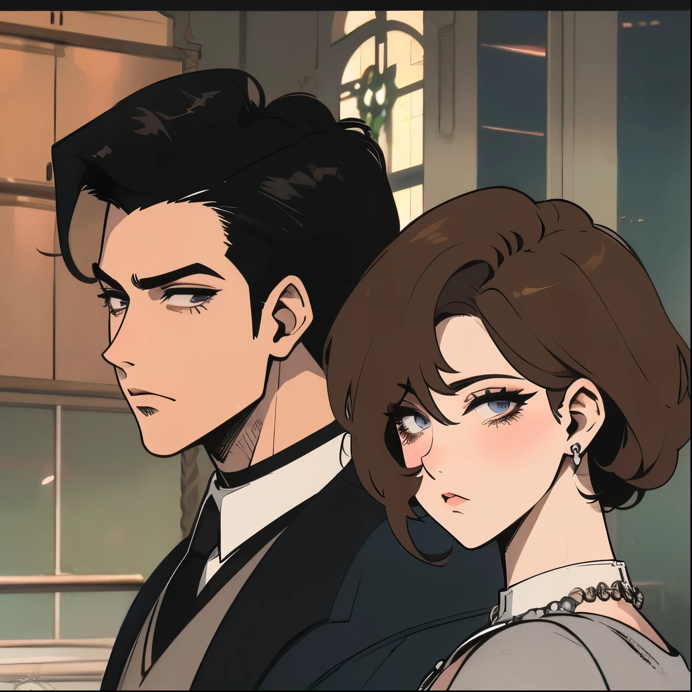 Style retro anime, 1 chico, Young man,  alone, looking at the viewer, short hair, Brown hair, grey eyes, Closed mouth, mole, black suit, 1880 style, aristocratic clothing, portrait, retro artStyle, 1980s (Style), anime, Masterpiece, Best Quality , Official Art ,