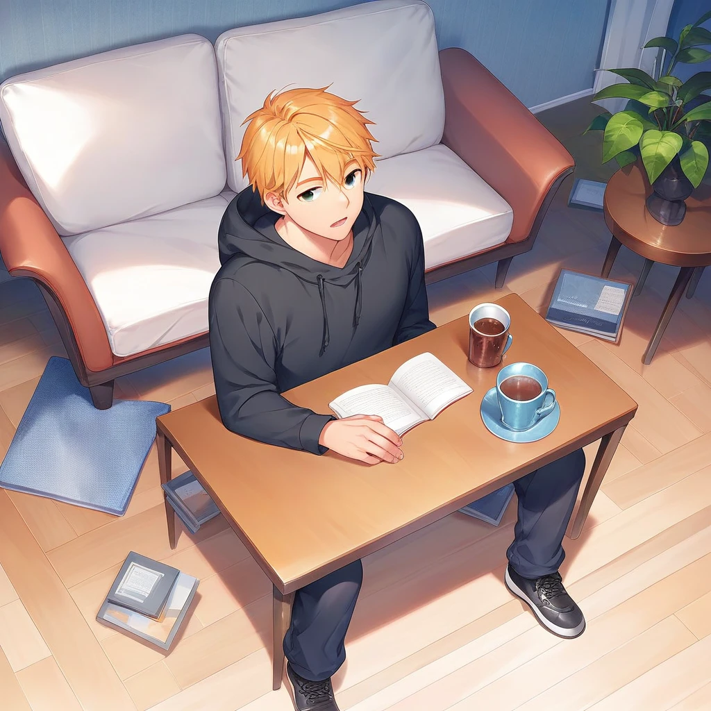 masterpiece , best quality , high angle , living room , table ,  full body , color , lineart , 1 boy , black hoodie shirt , golden hair , short hair , 20 years old , Handsome man , sit on a chair , sleeping face , close eyes , open mouth ,  white backqround , simple backqround ,
