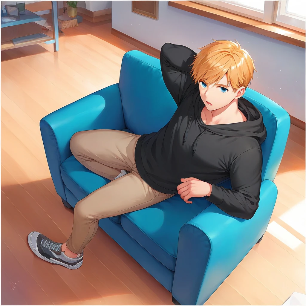 masterpiece , best quality , high angle , living room , table , full body , color , lineart , 1 boy , black hoodie shirt , golden hair , short hair , 20 years old , Handsome man , sit on a chair , sleeping face , close eyes , open mouth , white backqround , simple backqround ,